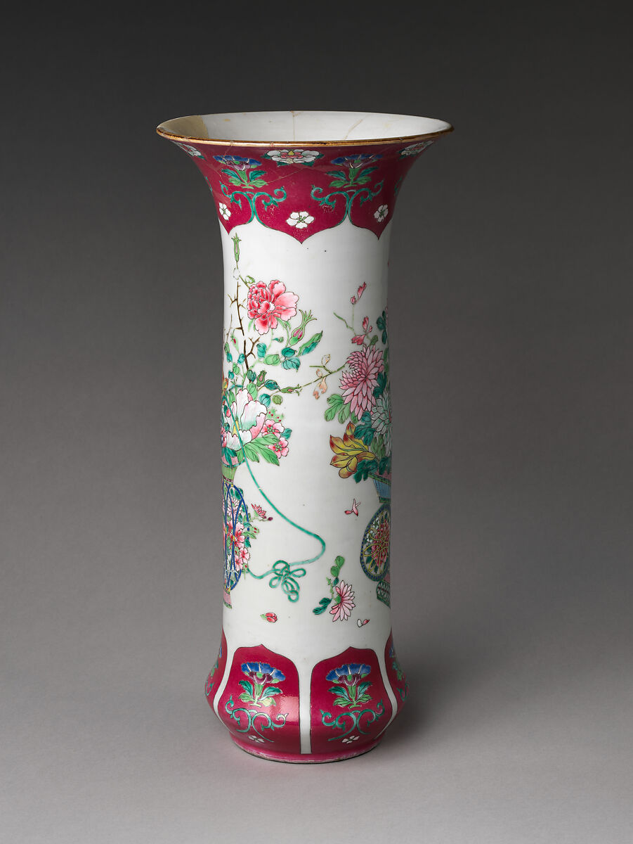 Vase with Basket of Auspicious Flowers, Porcelain painted with colored enamels over transparent glaze (Jingdezhen ware), China