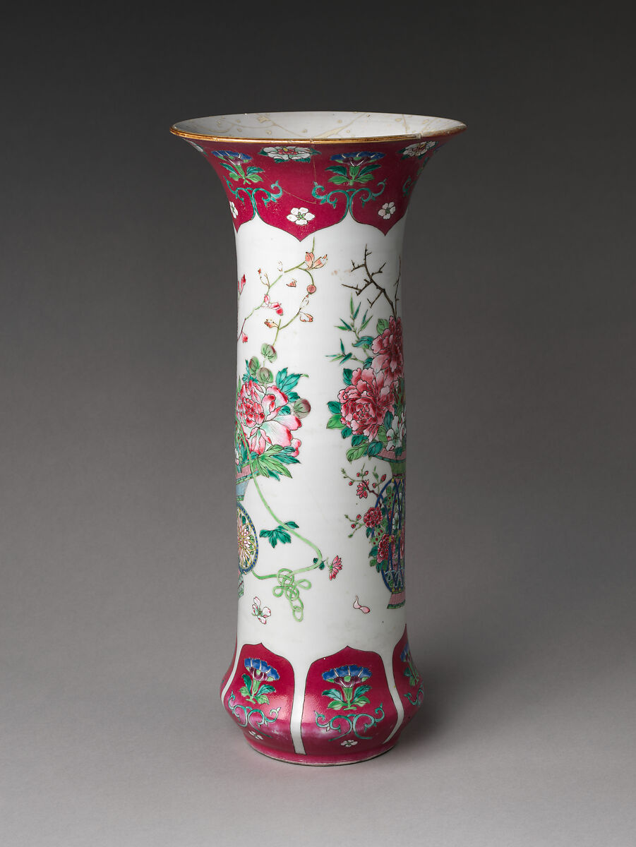 Vase with Basket of Auspicious Flowers, Porcelain painted with colored enamels over transparent glaze (Jingdezhen ware), China
