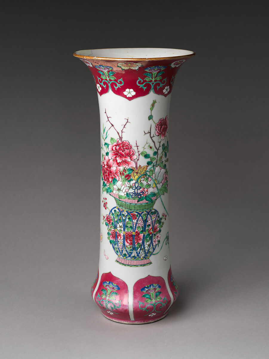 Vase with Basket of Auspicious Flowers, Porcelain painted with colored enamels over transparent glaze (Jingdezhen ware), China 