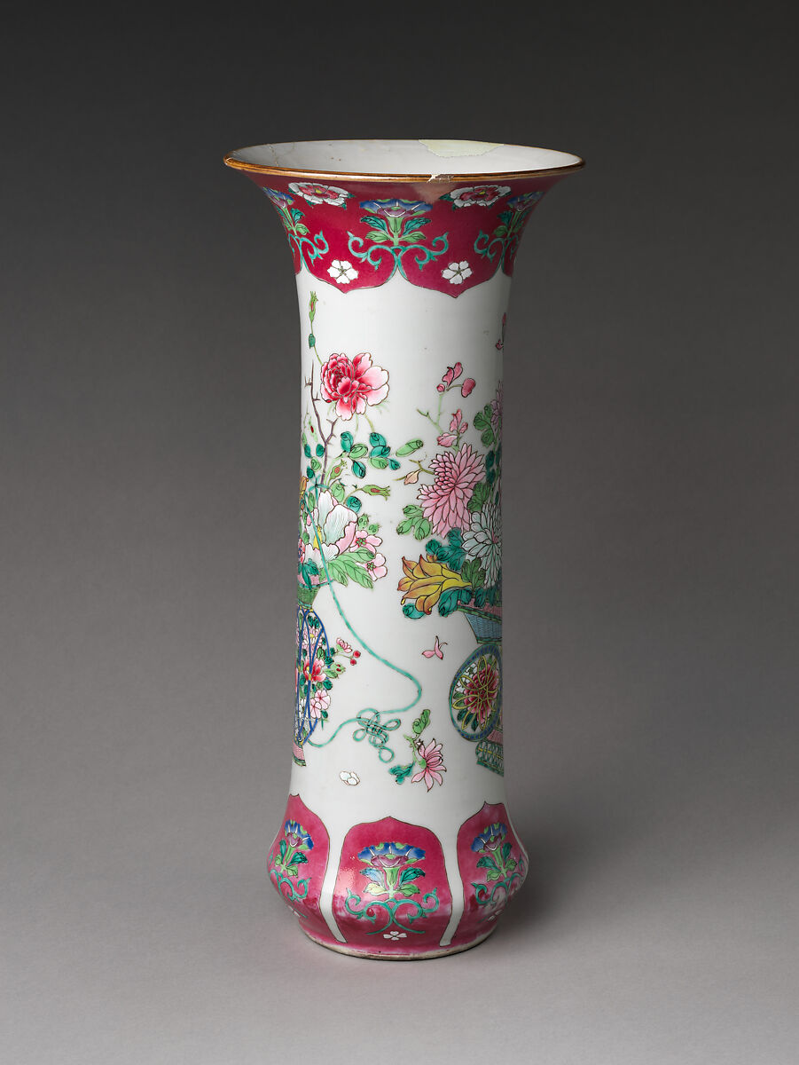 Vase with Basket of Auspicious Flowers, Porcelain painted with colored enamels over transparent glaze (Jingdezhen ware), China