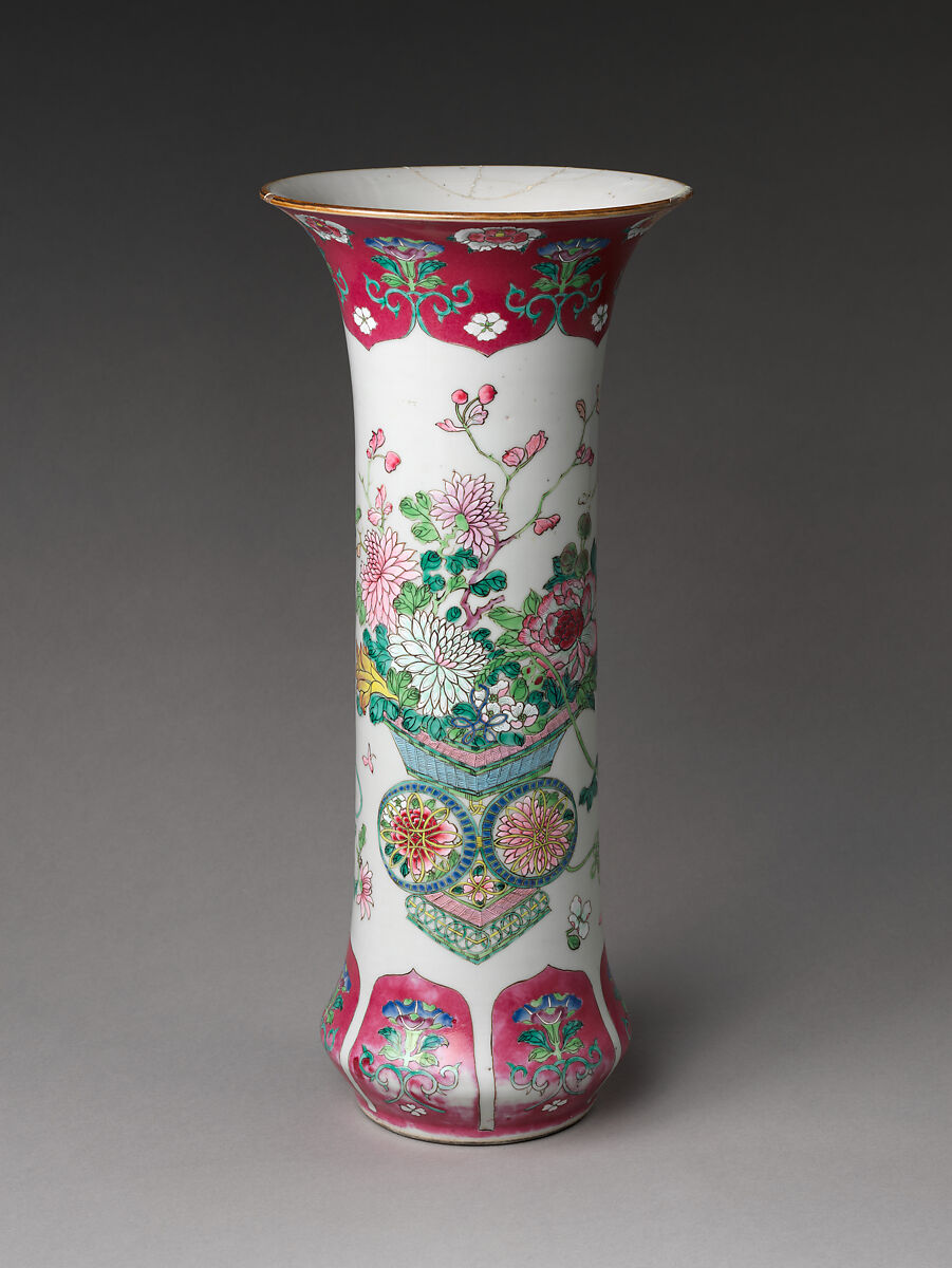 Vase with Basket of Auspicious Flowers, Porcelain painted with colored enamels over transparent glaze (Jingdezhen ware), China