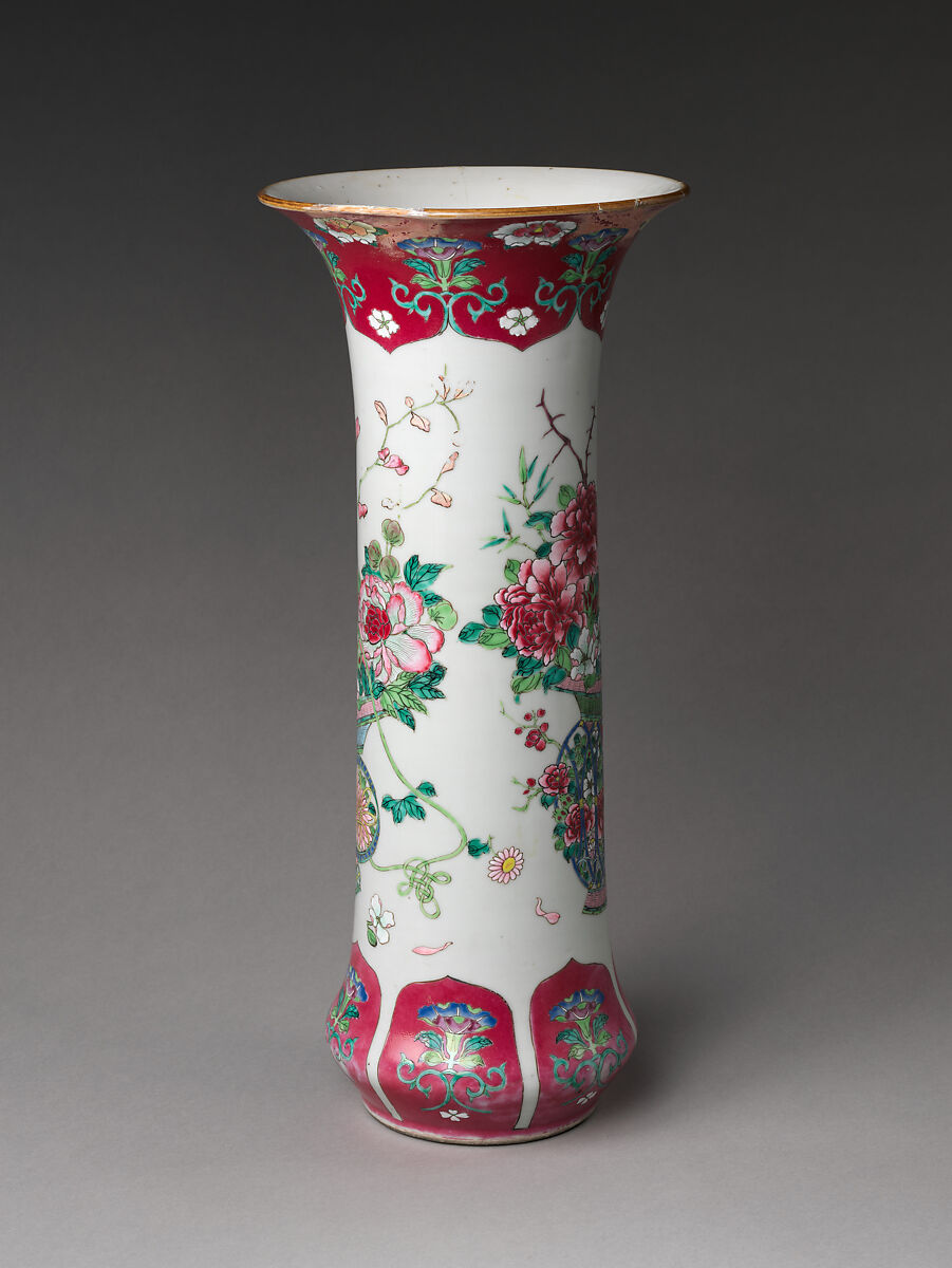 Vase with Basket of Auspicious Flowers, Porcelain painted with colored enamels over transparent glaze (Jingdezhen ware), China