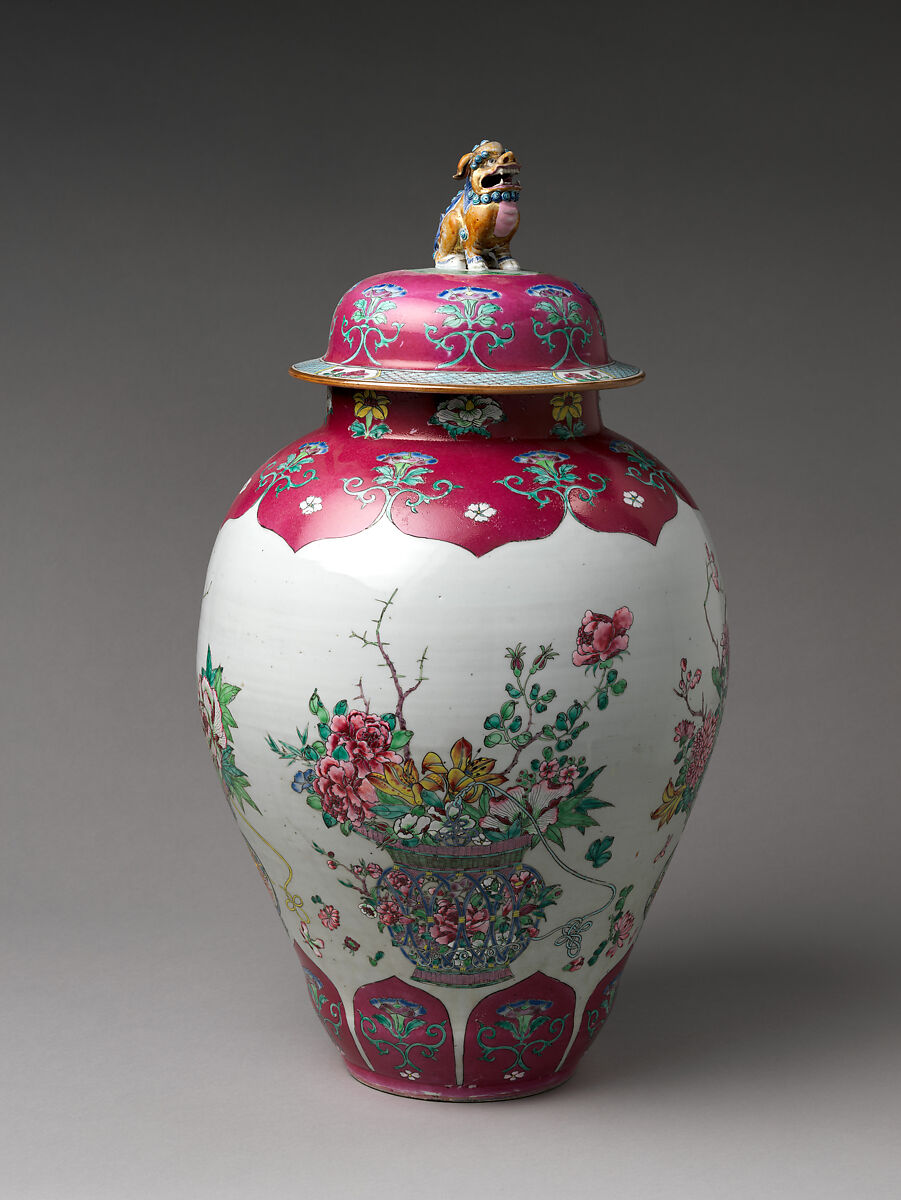 Jar with Basket of Auspicious Flowers, Porcelain painted with colored enamels over transparent glaze (Jingdezhen ware), China 