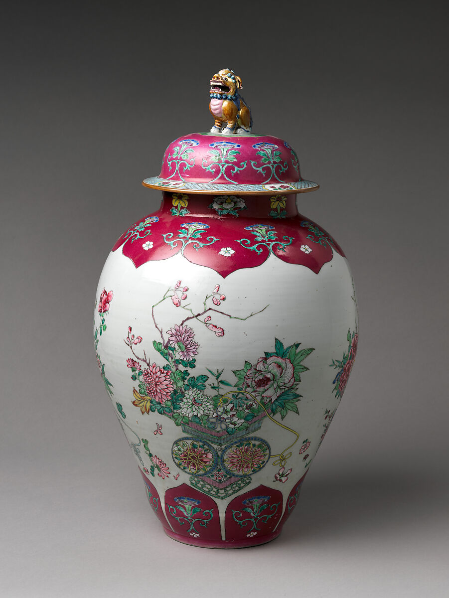 Jar with Basket of Auspicious Flowers, Porcelain painted with colored enamels over transparent glaze (Jingdezhen ware), China