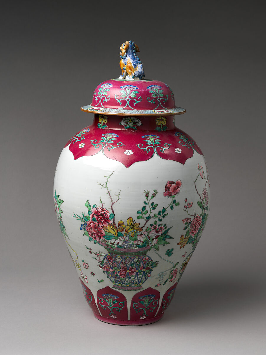 Jar with Basket of Auspicious Flowers, Porcelain painted with colored enamels over transparent glaze (Jingdezhen ware), China