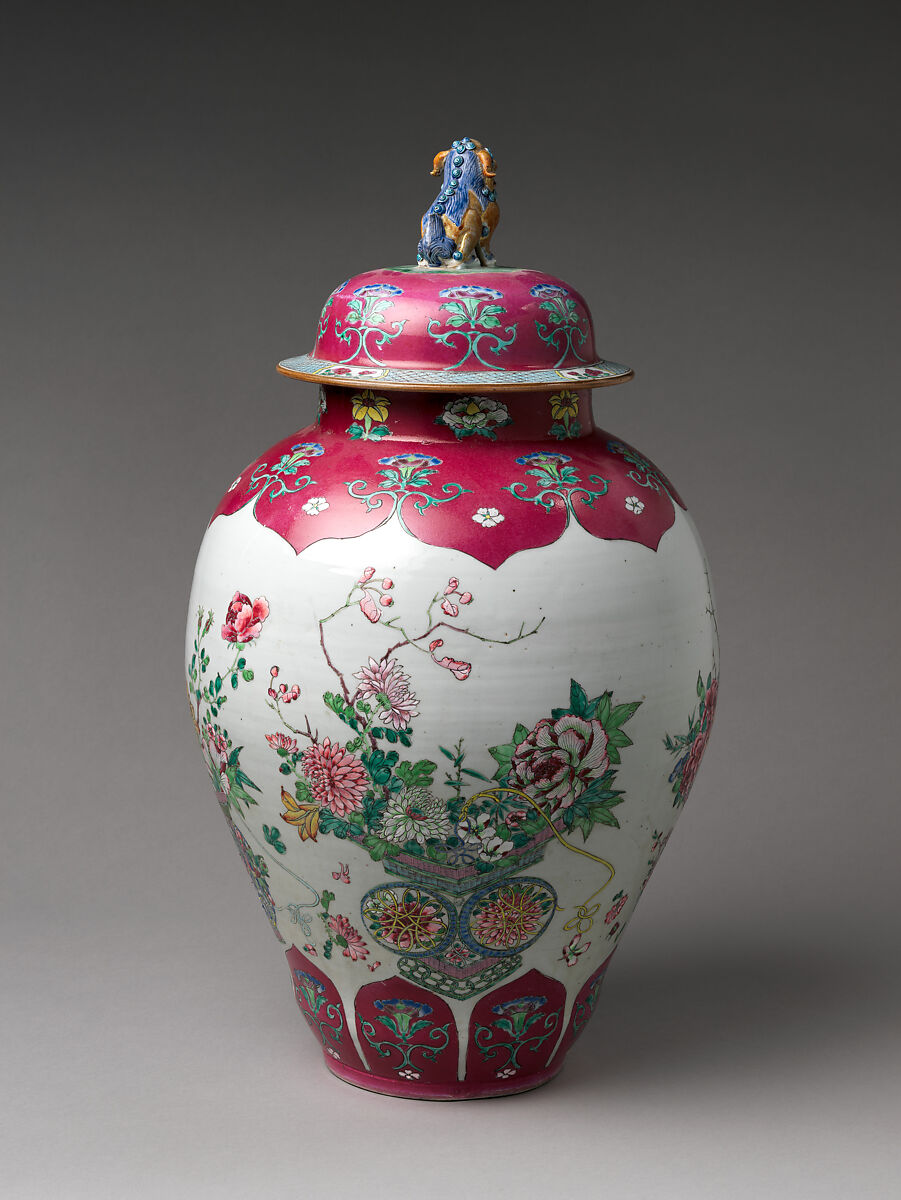 Jar with Basket of Auspicious Flowers, Porcelain painted with colored enamels over transparent glaze (Jingdezhen ware), China