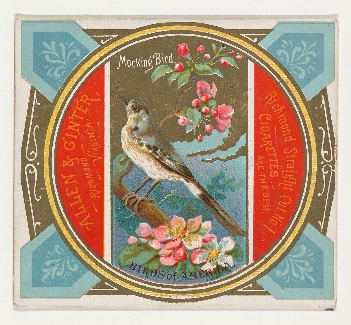 Mockingbird, from the Birds of America series (N37) for Allen & Ginter Cigarettes, Issued by Allen &amp; Ginter (American, Richmond, Virginia), Commercial color lithograph 