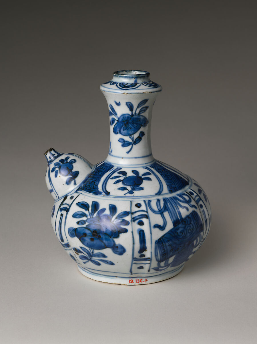Pouring Vessel (Kendi) with Flowers and Fruits, Porcelain painted with cobalt blue under transparent glaze (Jingdezhen ware), China 