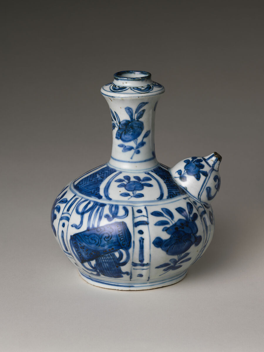 Pouring Vessel (Kendi) with Flowers and Fruits, Porcelain painted with cobalt blue under transparent glaze (Jingdezhen ware), China