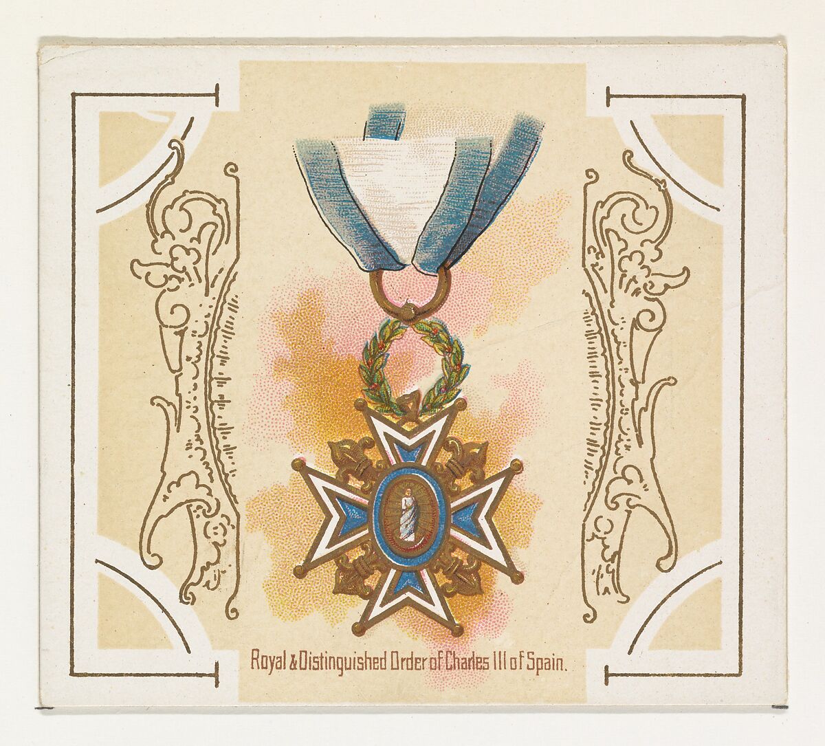 Royal and Distinguished Order of Charles III of Spain, from the World's Decorations series (N44) for Allen & Ginter Cigarettes, Issued by Allen &amp; Ginter (American, Richmond, Virginia), Commercial color lithograph 
