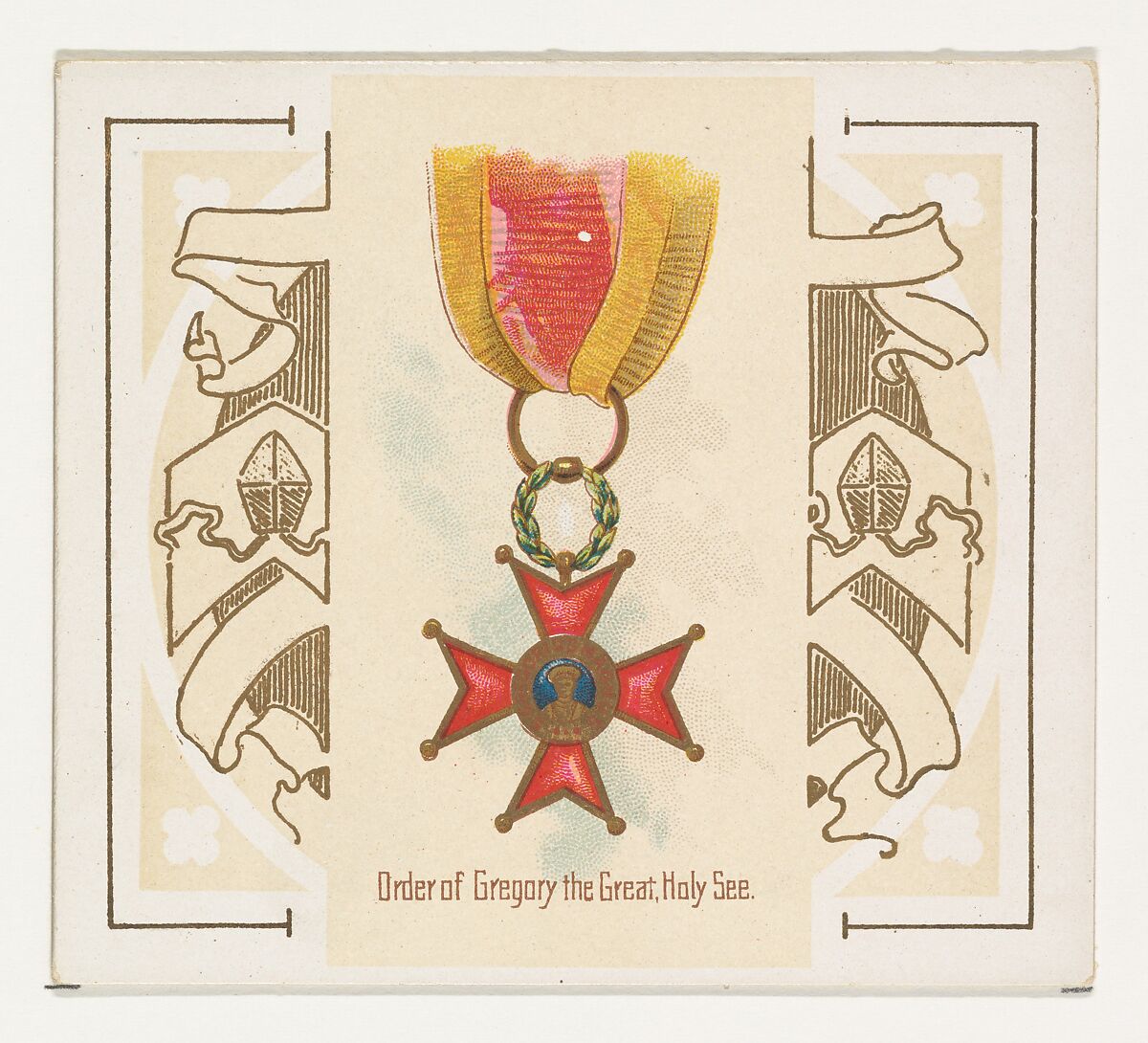 Order of Gregory the Great, Holy See, from the World's Decorations series (N44) for Allen & Ginter Cigarettes, Issued by Allen &amp; Ginter (American, Richmond, Virginia), Commercial color lithograph 