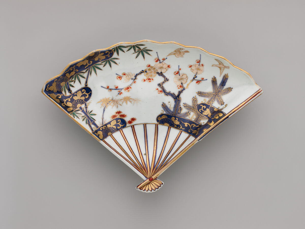 Fan-Shaped Dish, Porcelain painted with cobalt blue under and colored enamels over transparent glaze (Hizen ware; Imari type), Japan 