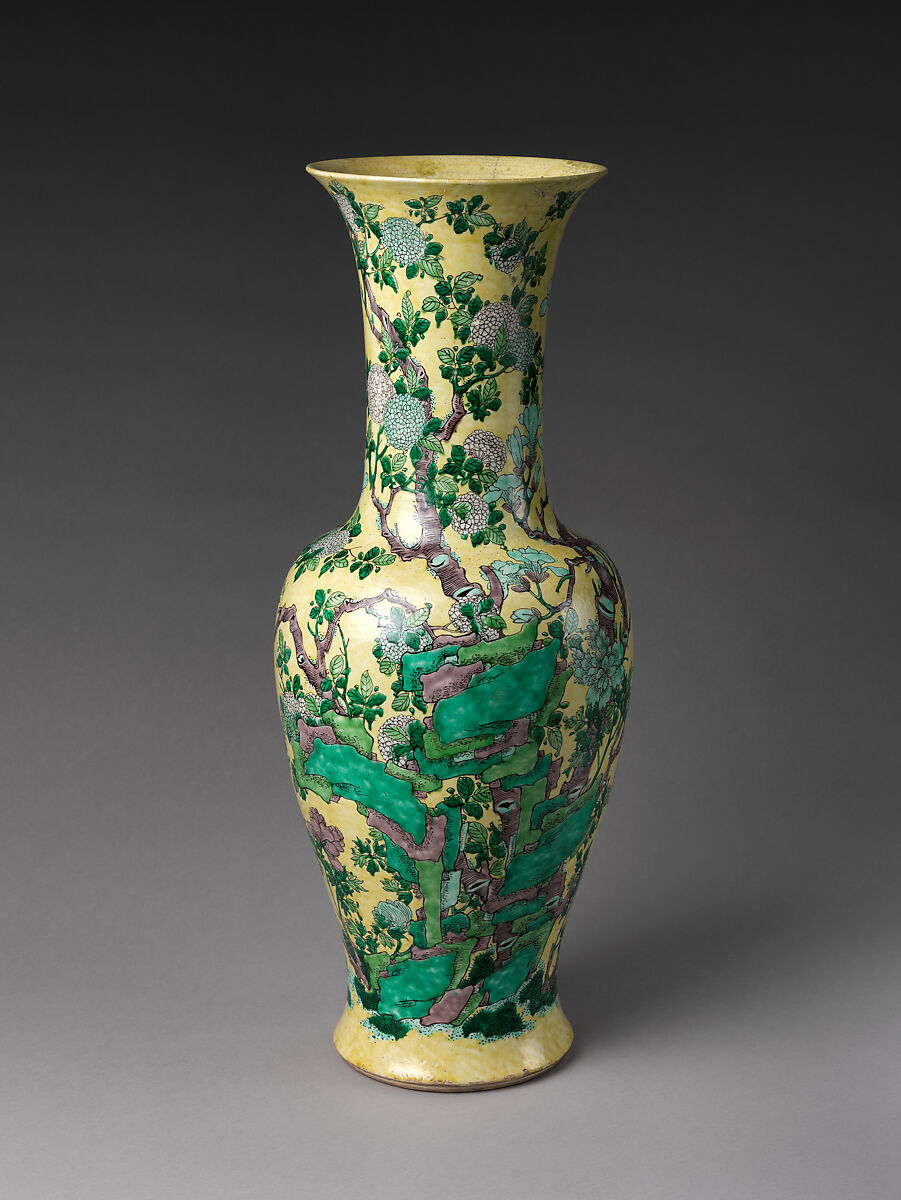 Vase with Rocks and Flowers, Porcelain painted with colored enamels on the biscuit (Jingdezhen ware), China 