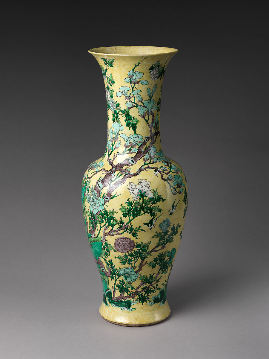 Vase with Rocks and Flowers, Porcelain painted with colored enamels on the biscuit (Jingdezhen ware), China