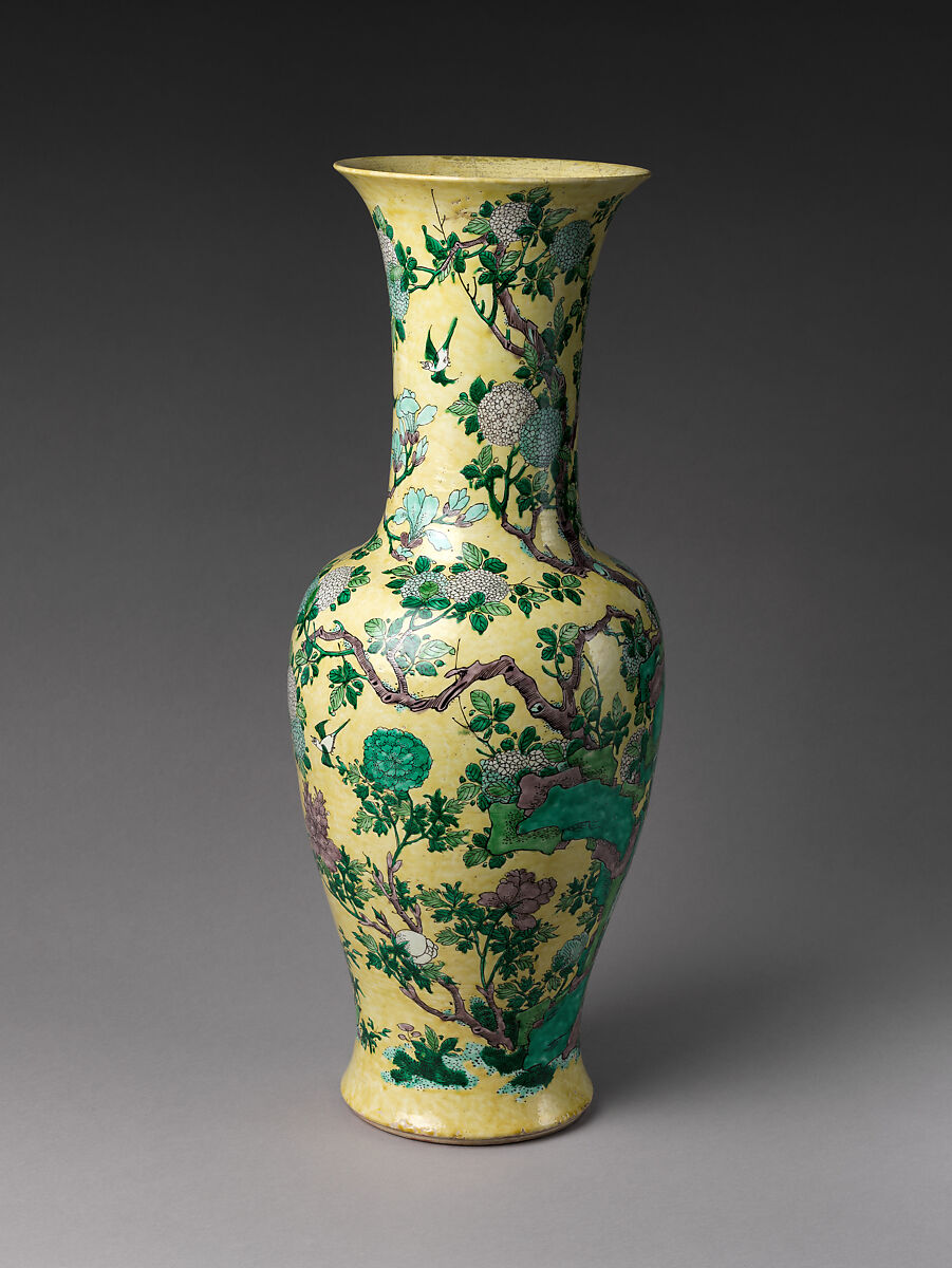 Vase with Rocks and Flowers, Porcelain painted with colored enamels on the biscuit (Jingdezhen ware), China