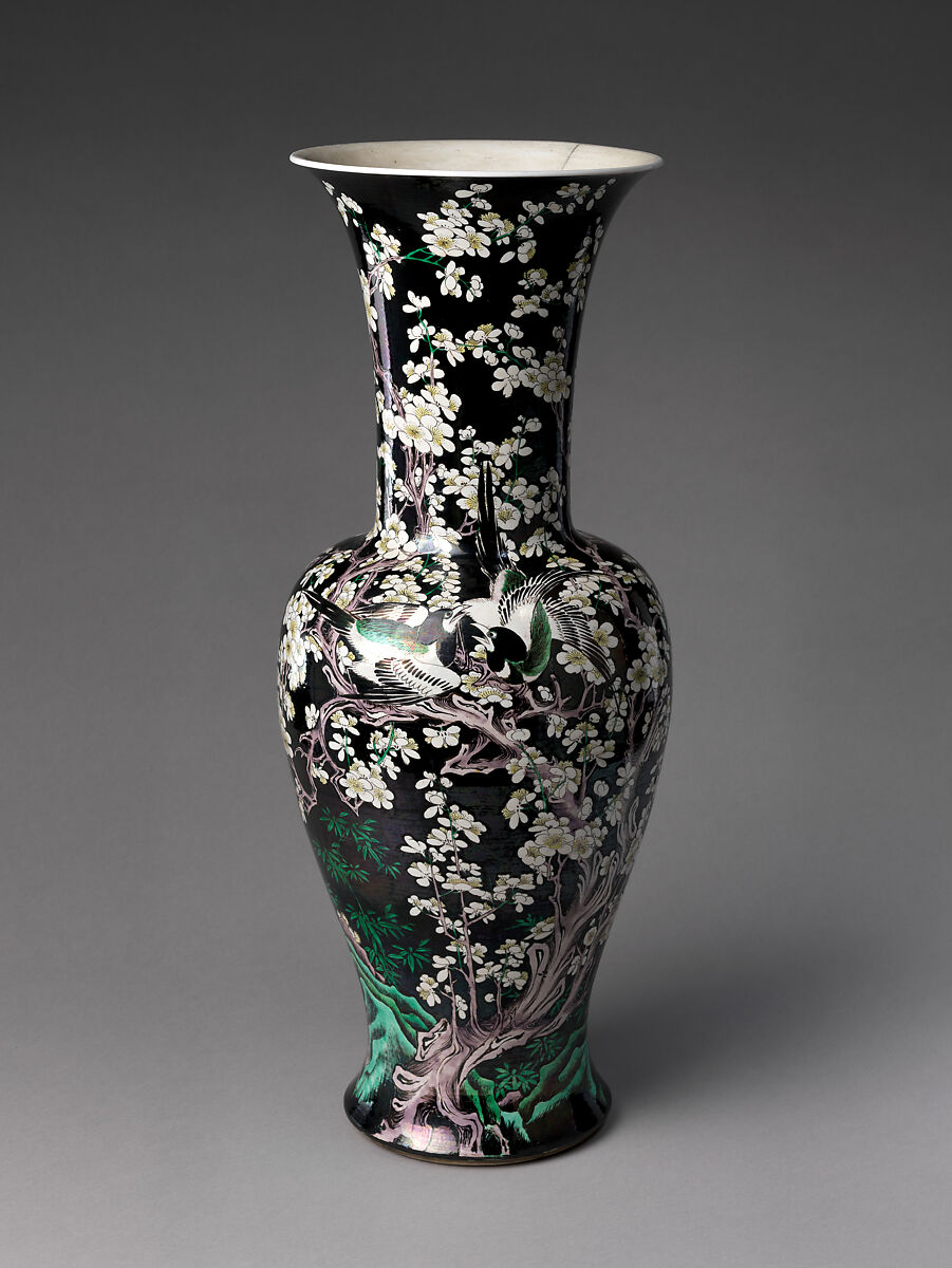 Vase with Plum Blossoms and Birds, Porcelain painted with colored enamels on the biscuit (Jingdezhen ware), China 
