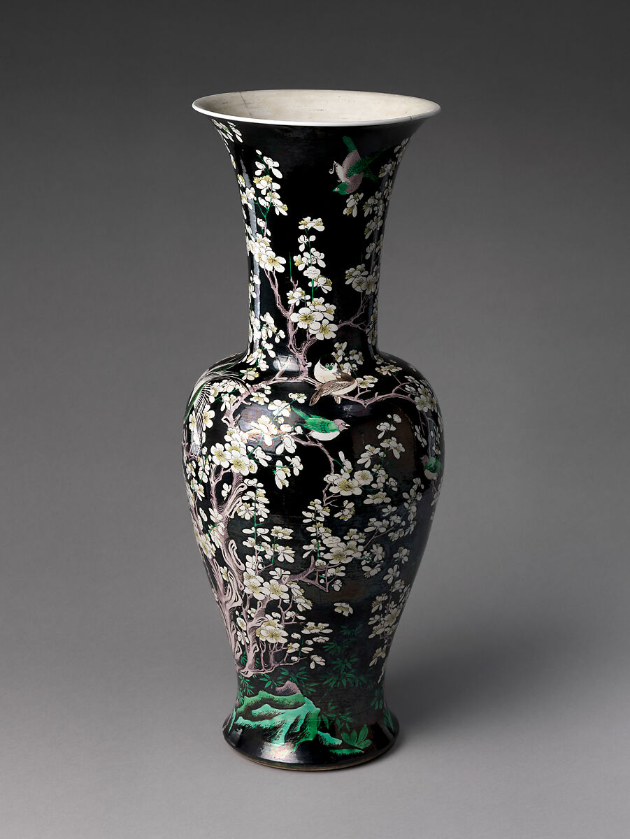 Vase with Plum Blossoms and Birds, Porcelain painted with colored enamels on the biscuit (Jingdezhen ware), China