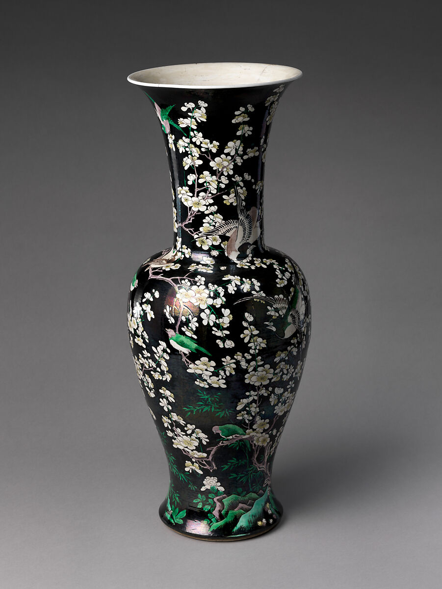 Vase with Plum Blossoms and Birds, Porcelain painted with colored enamels on the biscuit (Jingdezhen ware), China