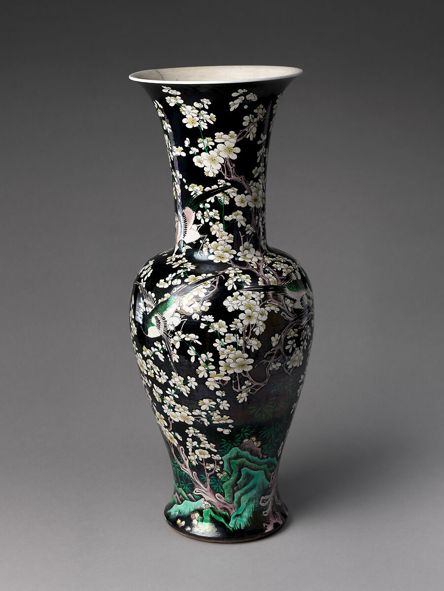 Vase with Plum Blossoms and Birds, Porcelain painted with colored enamels on the biscuit (Jingdezhen ware), China