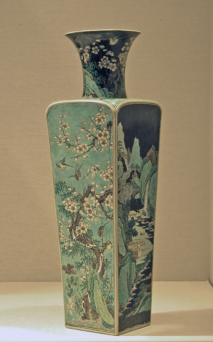 Vase with alternating landscape and floral scenes, Porcelain painted in polychrome enamels over black ground (Jingdezhen ware, famille noire), China 