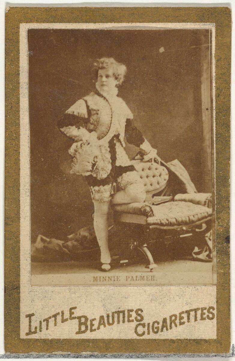 Minnie Palmer (standing beside chair), from the Actresses and Celebrities series (N60, Type 1) promoting Little Beauties Cigarettes for Allen & Ginter brand tobacco products, Issued by Allen &amp; Ginter (American, Richmond, Virginia), Albumen photograph 