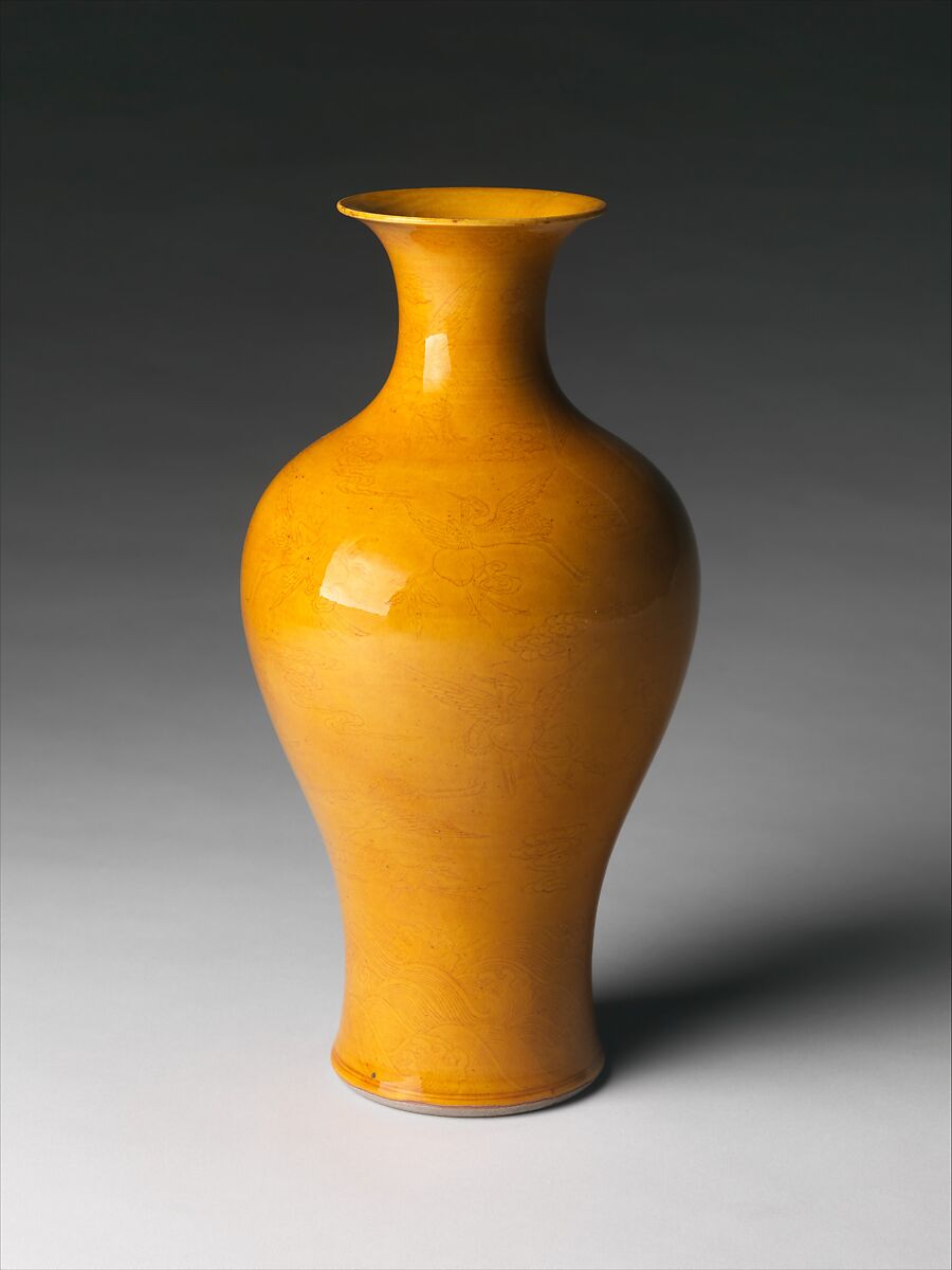 Vase with Cranes, Clouds, and Waves, Porcelain with incised decoration under amber glaze (Jingdezhen ware), China