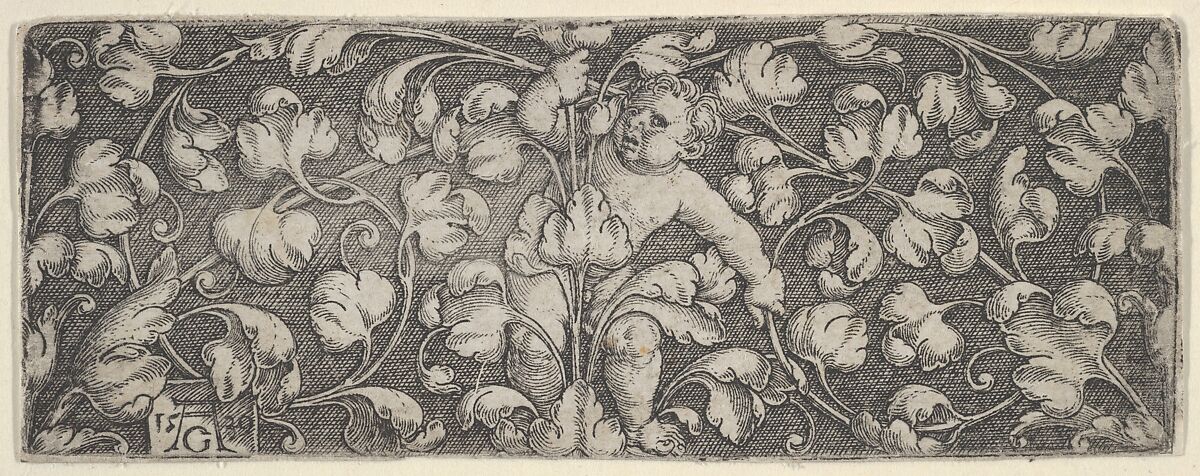 Horizontal Panel with Child Holding Tendrils Growing from Center, Heinrich Aldegrever (German, Paderborn ca. 1502–1555/1561 Soest), Engraving 