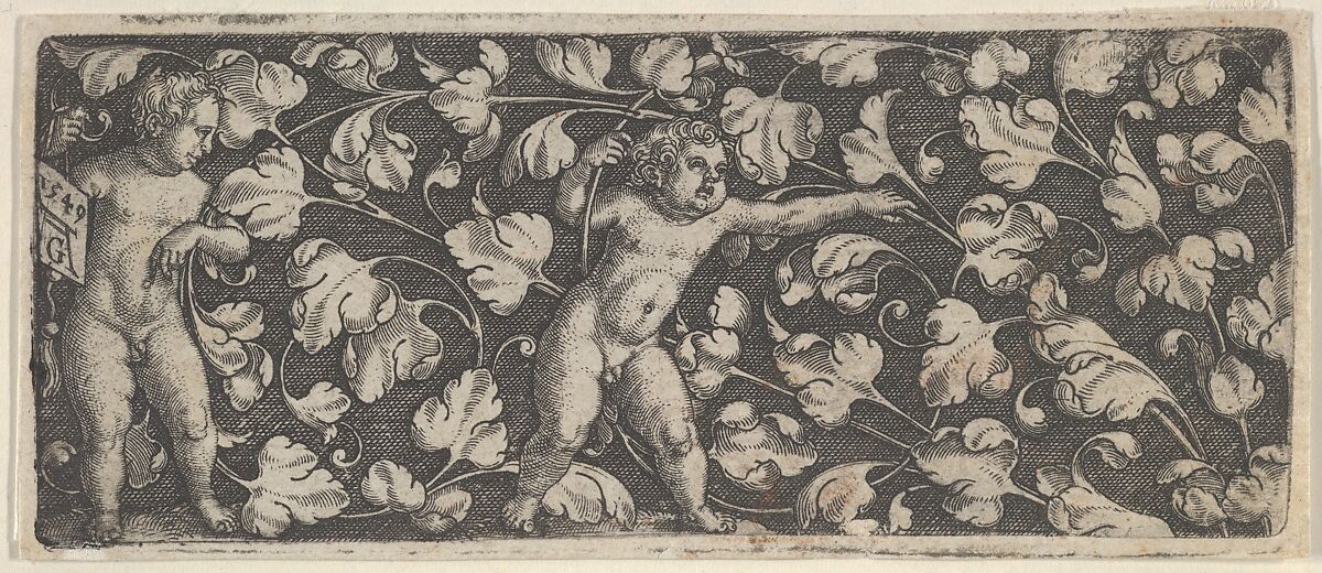 Horizontal Panel with Two Nude Boys Surrounded by Tendrils, Heinrich Aldegrever (German, Paderborn ca. 1502–1555/1561 Soest), Engraving; second state of three (Hollstein) 