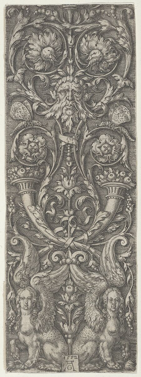 Vertical Panel with Candelabrum Grotesques Containing Cornucopias and Sphinxes, Heinrich Aldegrever (German, Paderborn ca. 1502–1555/1561 Soest), Engraving 