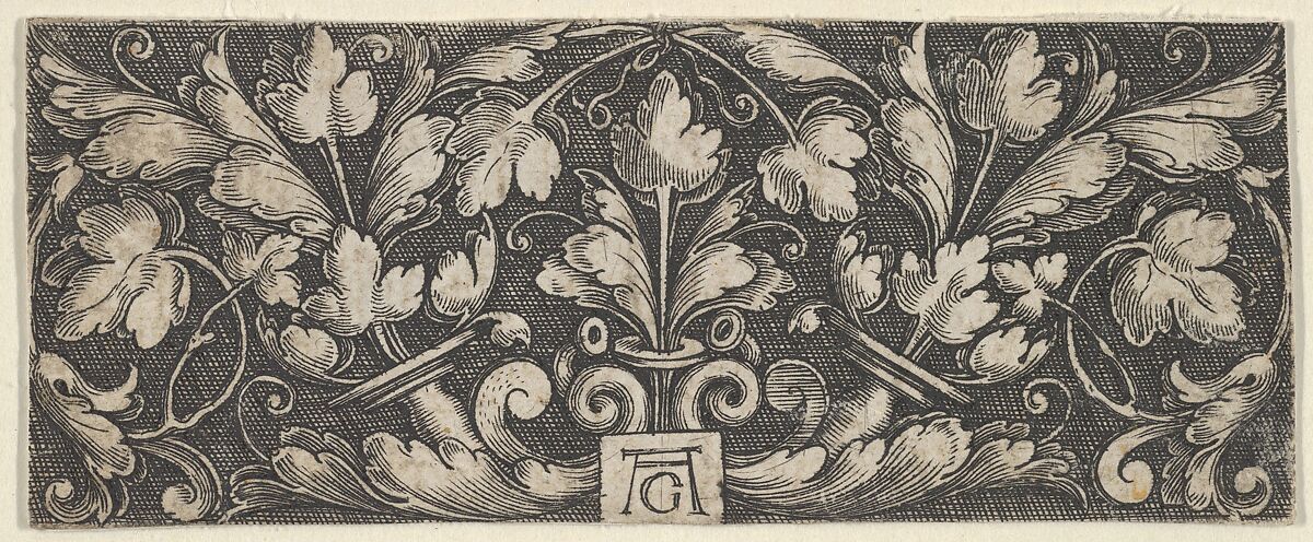 Horizontal Panel with Two Tendrils Sprouting Upwards from Horns at Center, Heinrich Aldegrever (German, Paderborn ca. 1502–1555/1561 Soest), Engraving 