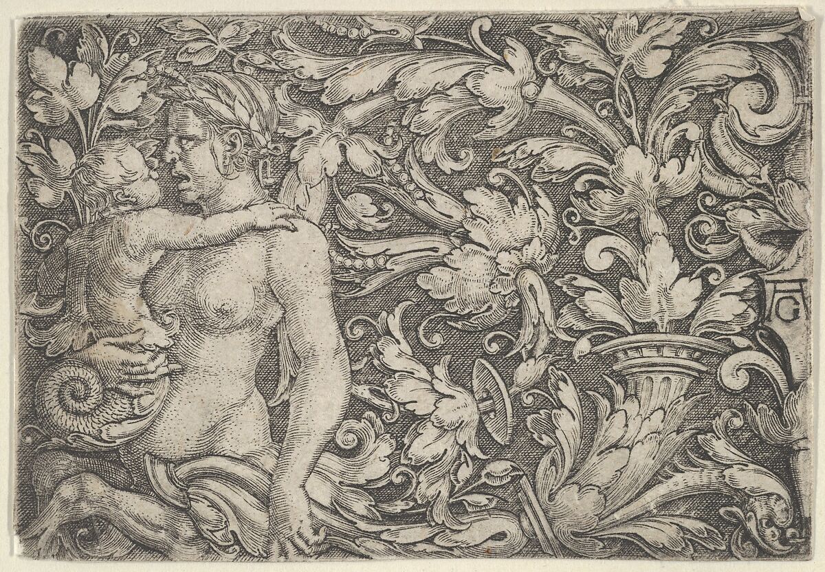 Horizontal Panel with Triton and Child Surrounded by Foliage, Heinrich Aldegrever (German, Paderborn ca. 1502–1555/1561 Soest), Engraving 