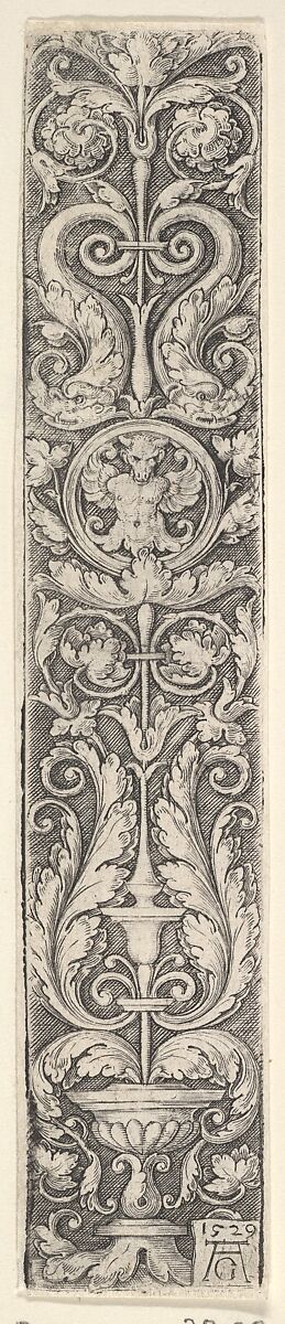 Vertical Panel with a Candelabrum Containing a Medallion with a Centaur and a Pair of Dolphins, Heinrich Aldegrever (German, Paderborn ca. 1502–1555/1561 Soest), Engraving 