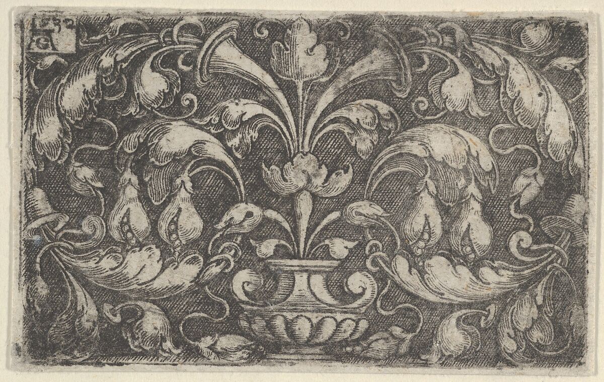 Horizontal Panel with Tendrils Growing Outwards from a Vase at Center, Heinrich Aldegrever (German, Paderborn ca. 1502–1555/1561 Soest), Engraving 