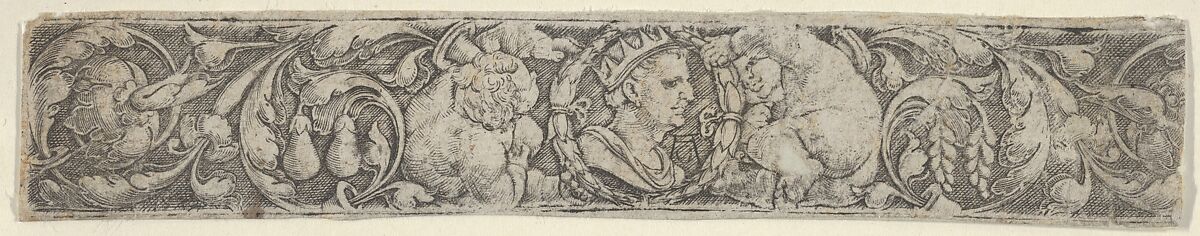 Frieze with Children Supporting the Bust of an Emperor Surrounded by Foliate Scrolls, Heinrich Aldegrever (German, Paderborn ca. 1502–1555/1561 Soest), Engraving 