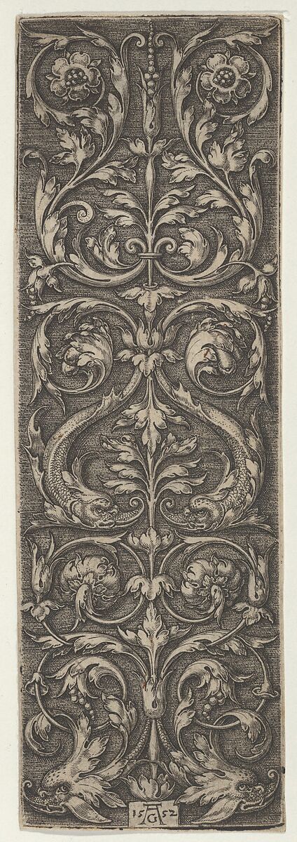 Vertical Panel with Candelabrum Containing Pairs of Fish and Rosettes, Heinrich Aldegrever (German, Paderborn ca. 1502–1555/1561 Soest), Engraving 