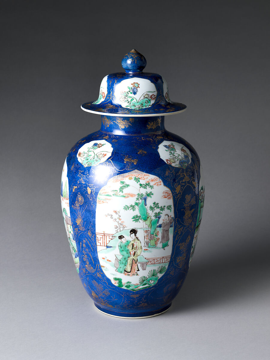 Jar with Landscape Scenes, Porcelain covered with powdered blue glaze, painted with colored enamels over transparent glaze, and painted with gold (Jingdezhen ware), China 
