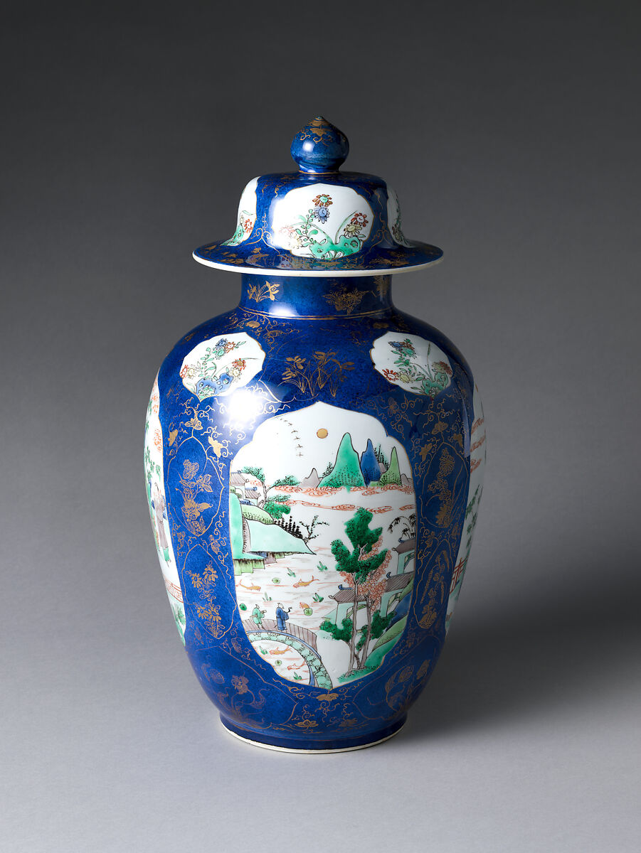 Jar with Landscape Scenes, Porcelain covered with powdered blue glaze, painted with colored enamels over transparent glaze, and painted with gold (Jingdezhen ware), China