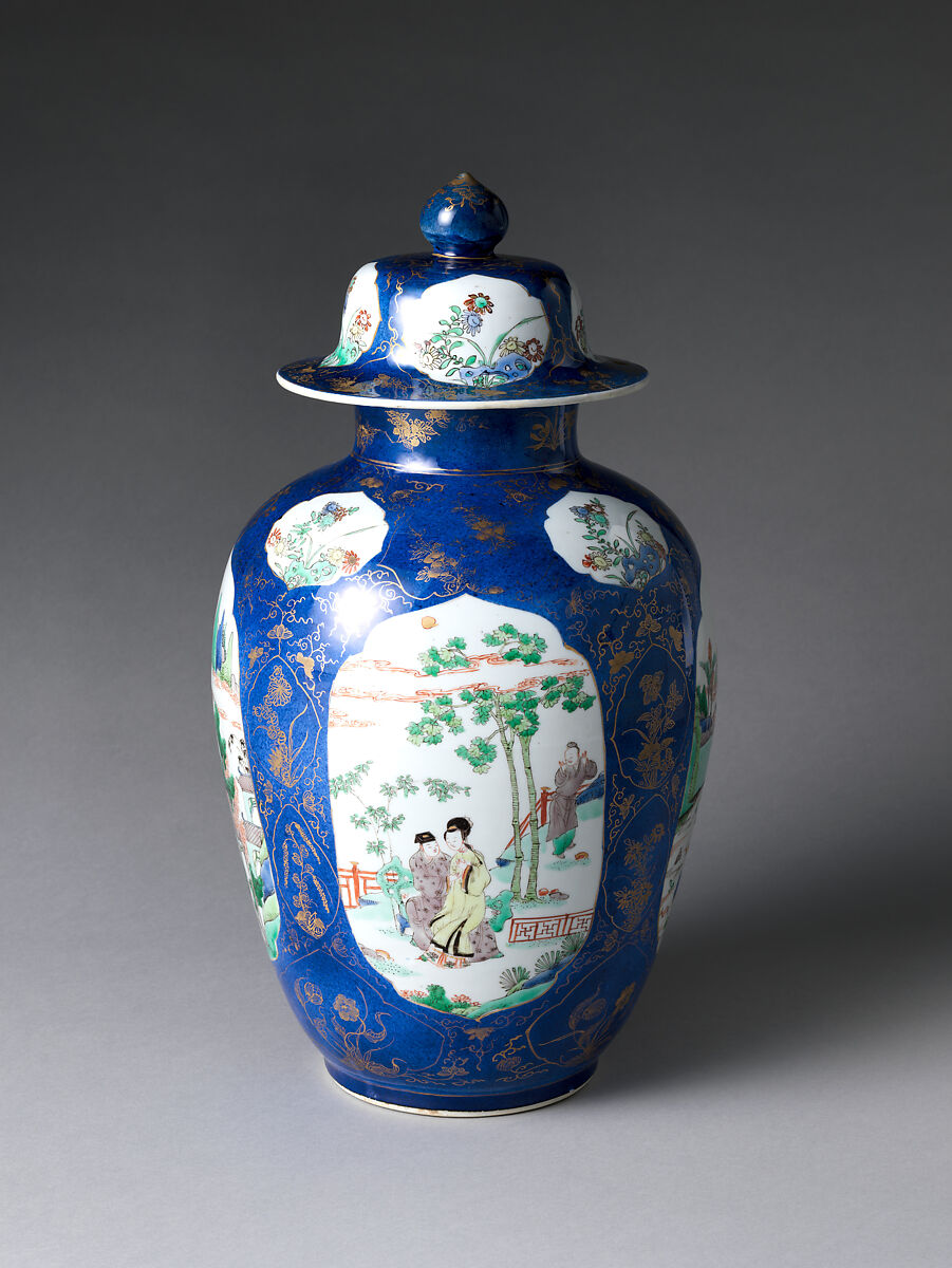 Jar with Landscape Scenes, Porcelain covered with powdered blue glaze, painted with colored enamels over transparent glaze, and painted with gold (Jingdezhen ware), China
