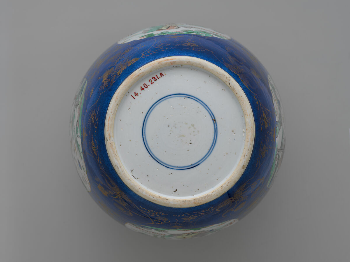 Jar with Landscape Scenes, Porcelain covered with powdered blue glaze, painted with colored enamels over transparent glaze, and painted with gold (Jingdezhen ware), China