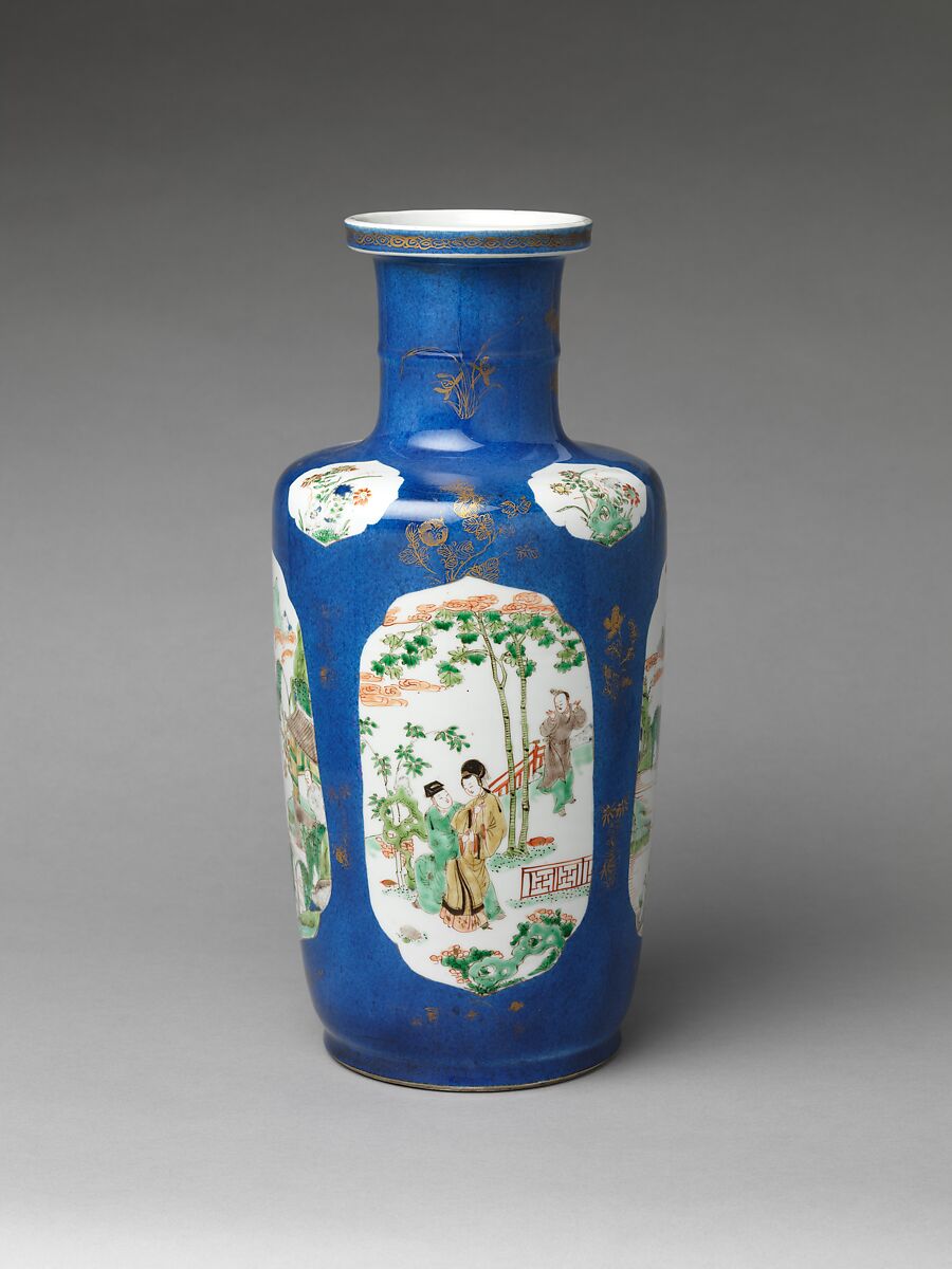 Vase with romantic scenes, Porcelain covered with powdered blue glaze, painted with colored enamels over transparent glaze, and painted with gold (Jingdezhen ware), China 