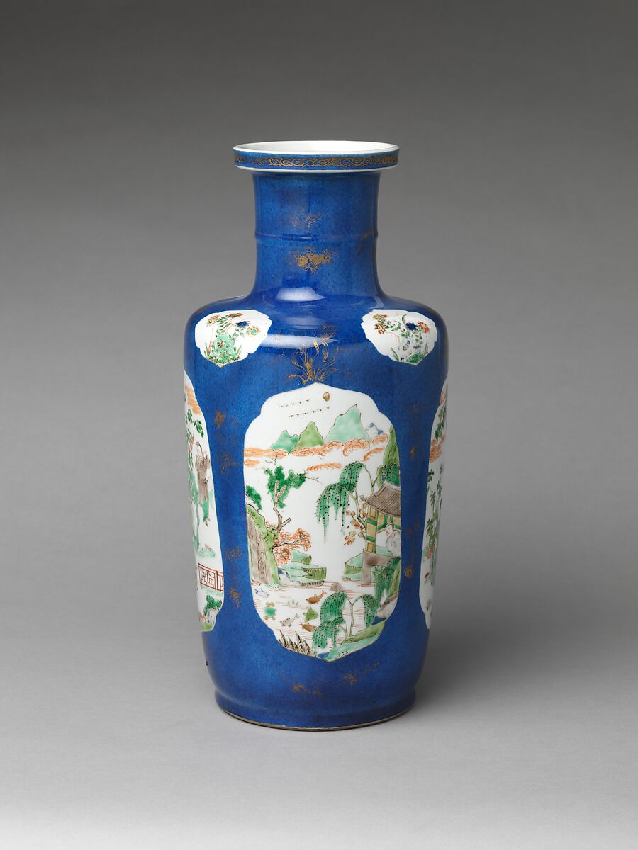 Vase with romantic scenes, Porcelain covered with powdered blue glaze, painted with colored enamels over transparent glaze, and painted with gold (Jingdezhen ware), China