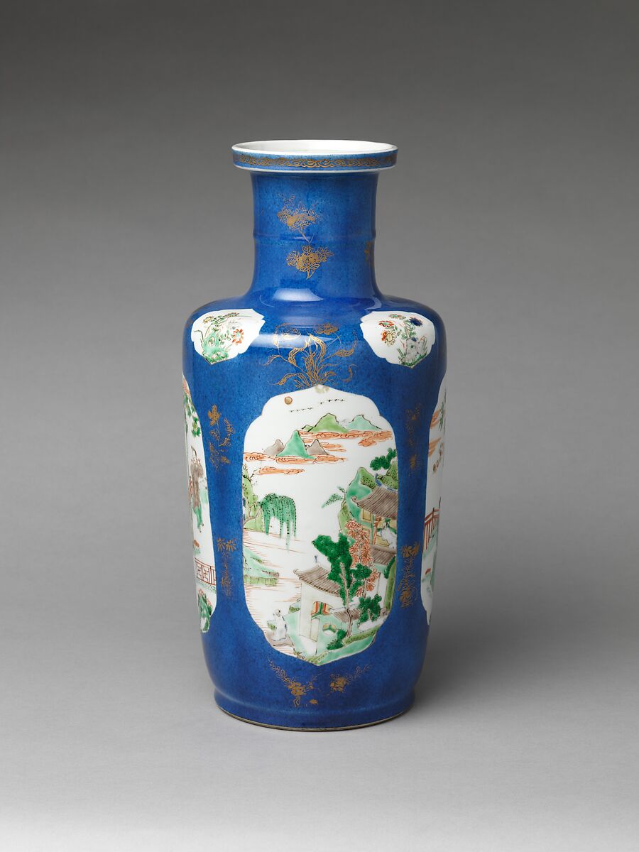 Vase with romantic scenes, Porcelain covered with powdered blue glaze, painted with colored enamels over transparent glaze, and painted with gold (Jingdezhen ware), China