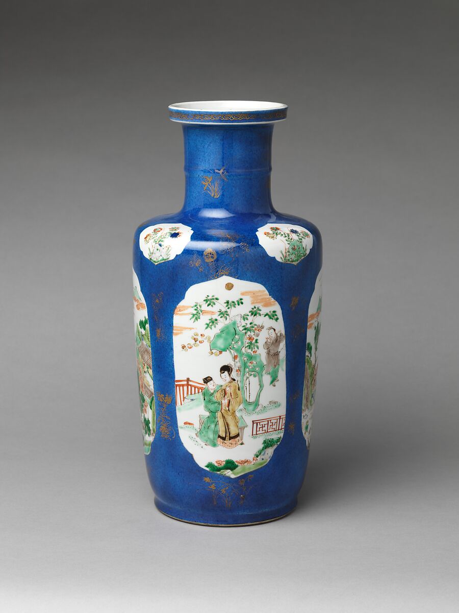 Vase with romantic scenes, Porcelain covered with powdered blue glaze, painted with colored enamels over transparent glaze, and painted with gold (Jingdezhen ware), China
