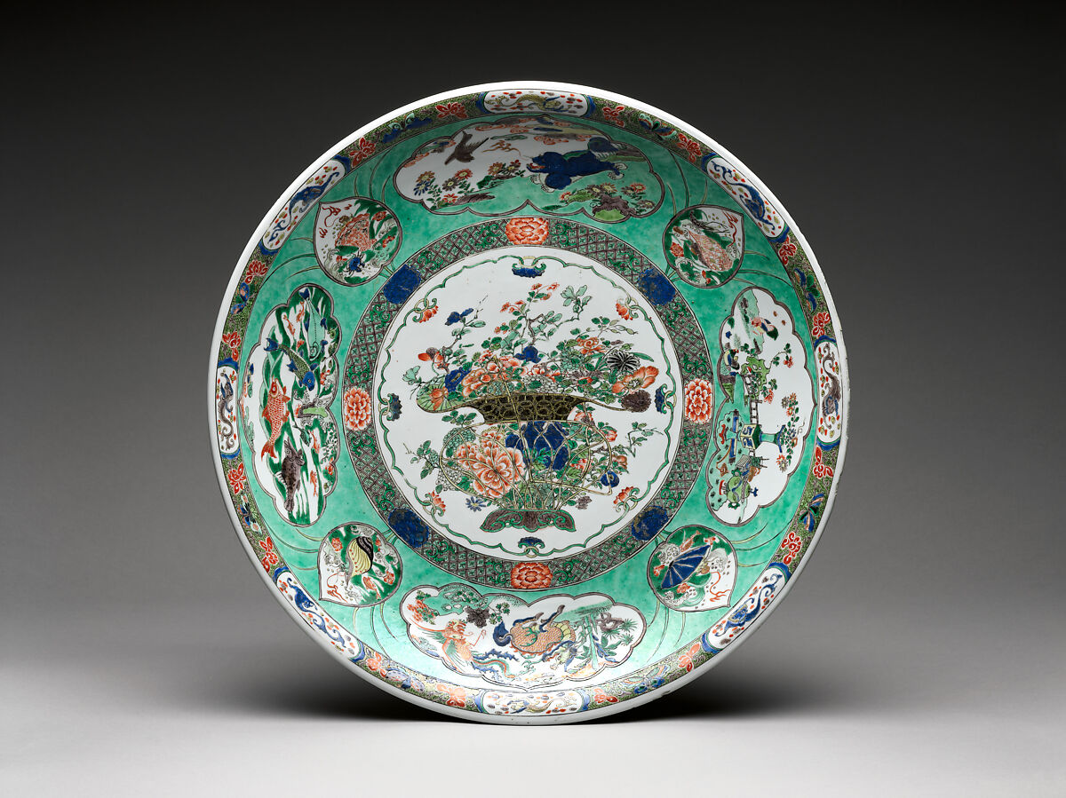 Plate with Basket of Auspicious Flowers, Porcelain painted with colored enamels over transparent glaze (Jingdezhen ware), China 