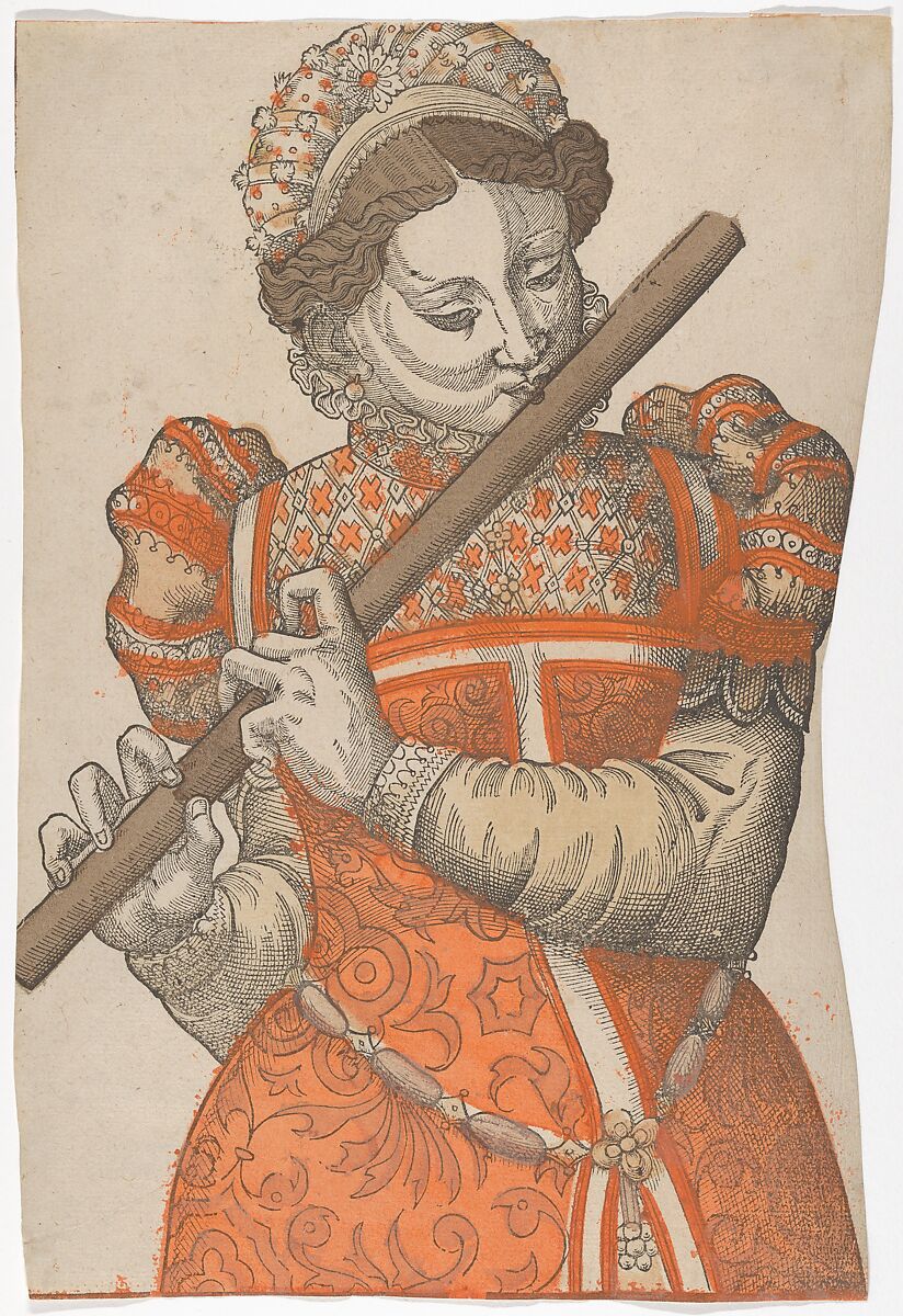 Woman Playing the Flute, Anonymous, French, 16th century, Woodcut with pochoir in orange, two shades of brown and beige 
