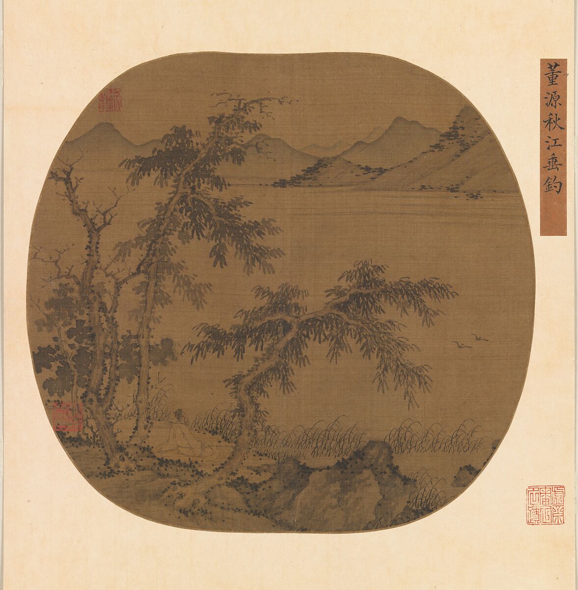 Angling in the Autumn River, Sheng Zhu (Chinese, active late 14th century), Fan mounted as an album leaf; ink and color on silk, China 