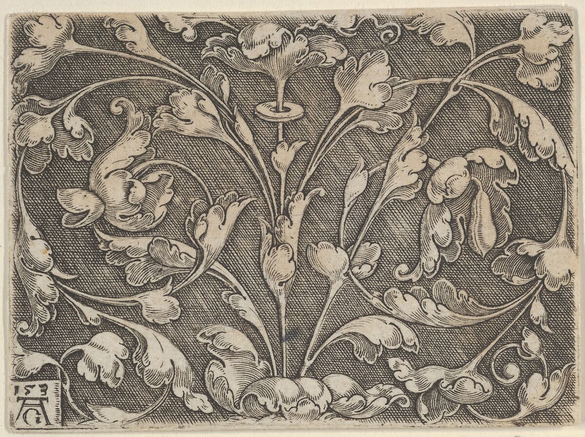 Horizontal Panel with Scrolling Tendrils Growing from Center, Heinrich Aldegrever (German, Paderborn ca. 1502–1555/1561 Soest), Engraving 