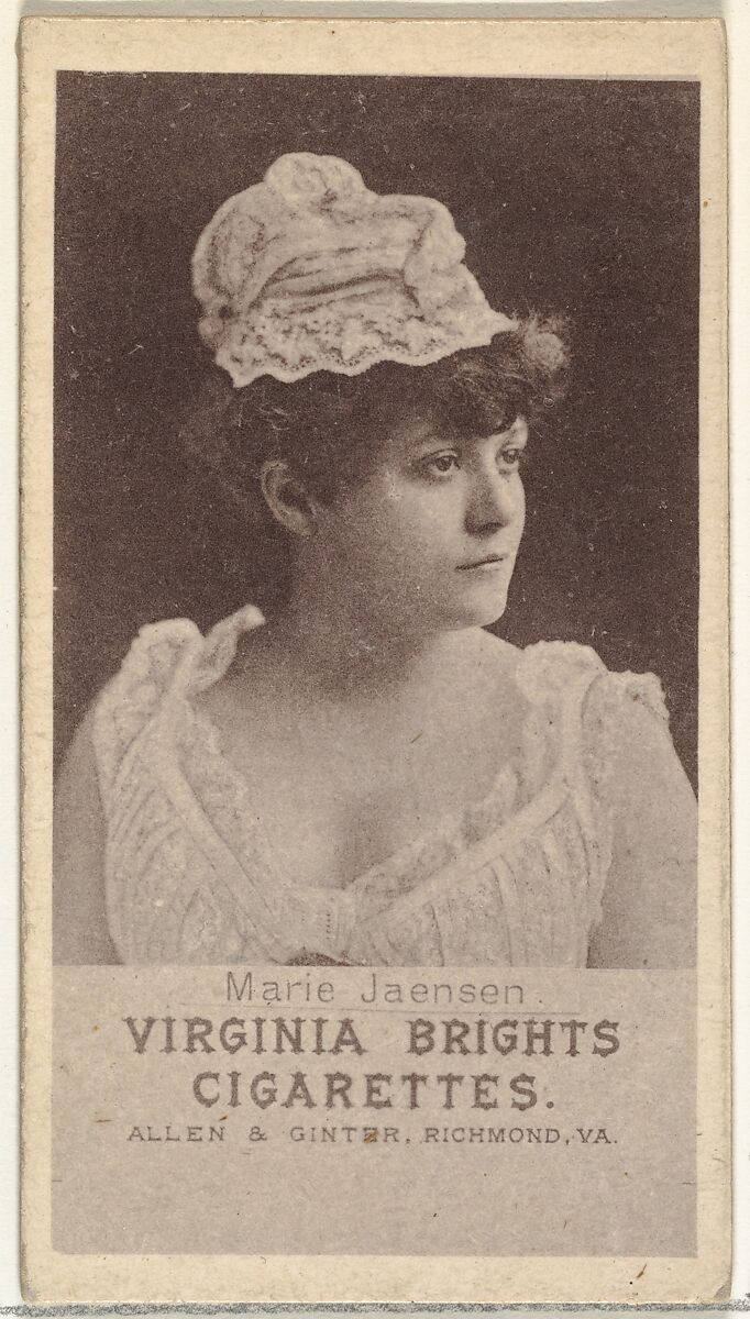 Marie Jaensen, from the Actresses series (N67) promoting Virginia Brights Cigarettes for Allen & Ginter brand tobacco products, Issued by Allen &amp; Ginter (American, Richmond, Virginia), Photolithograph 