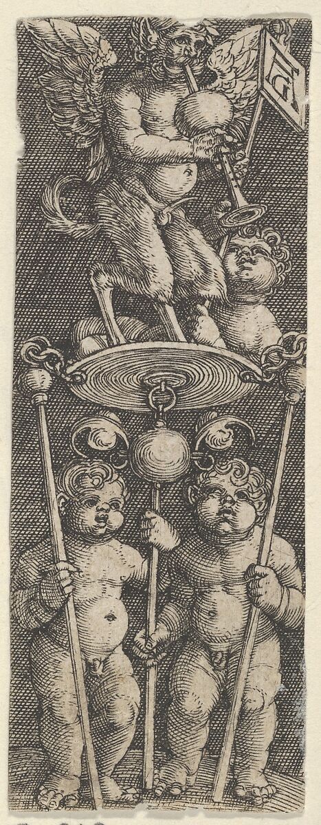 Vertical Panel with Two Children Supporting a Pedestal with a Satyr Playing a Bagpipe, Heinrich Aldegrever (German, Paderborn ca. 1502–1555/1561 Soest), Engraving 