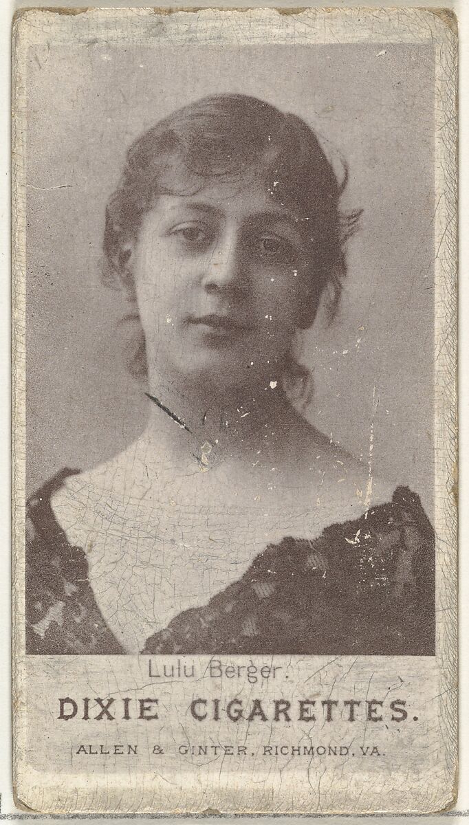 Lulu Berger, from the Actresses series (N67) promoting Dixie Cigarettes for Allen & Ginter brand tobacco products, Issued by Allen &amp; Ginter (American, Richmond, Virginia), Photolithograph 